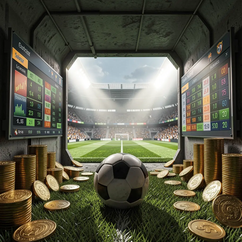 VEGASPH football betting platform scene showing a dramatic stadium tunnel opening to a bright soccer field with a soccer ball in the foreground, digital odds graphics, and gold coins in a realistic cinematic render VEGASPH football betting platform scene showing a dramatic stadium tunnel opening to a bright soccer field with a soccer ball in the foreground, digital odds graphics, and gold coins in a realistic cinematic render