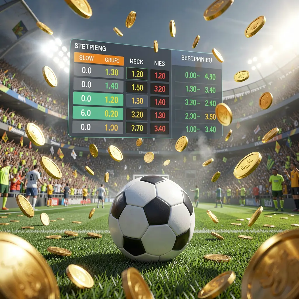 Realistic 3D illustration of a football match atmosphere in a packed stadium with a soccer ball in the foreground, floating digital odds interface, and golden coins flying, showcasing VEGASPH sports betting experience Realistic 3D illustration of a football match atmosphere in a packed stadium with a soccer ball in the foreground, floating digital odds interface, and golden coins flying, showcasing VEGASPH sports betting experience