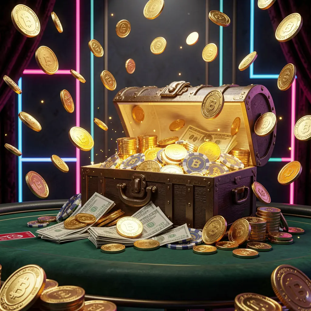 VEGASPH premium online casino bonus banner featuring golden coins flying around a glowing treasure chest filled with chips and cash, set against a luxury dark background with neon accents and a festive, elegant casino atmosphere