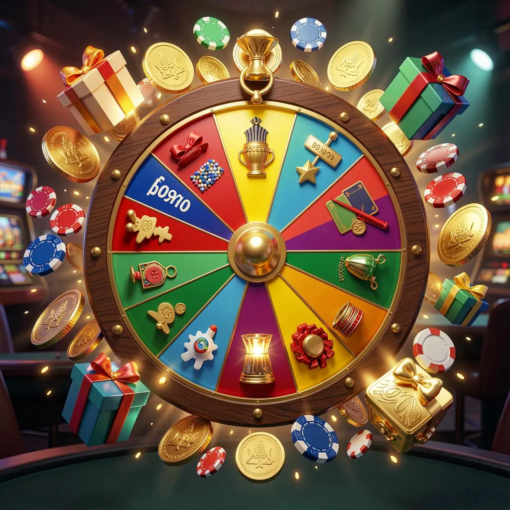 VEGASPH online casino bonus wheel with colorful prize wheel surrounded by golden coins, chips, and gift boxes, glowing casino lights creating an exciting jackpot atmosphere on a dark background