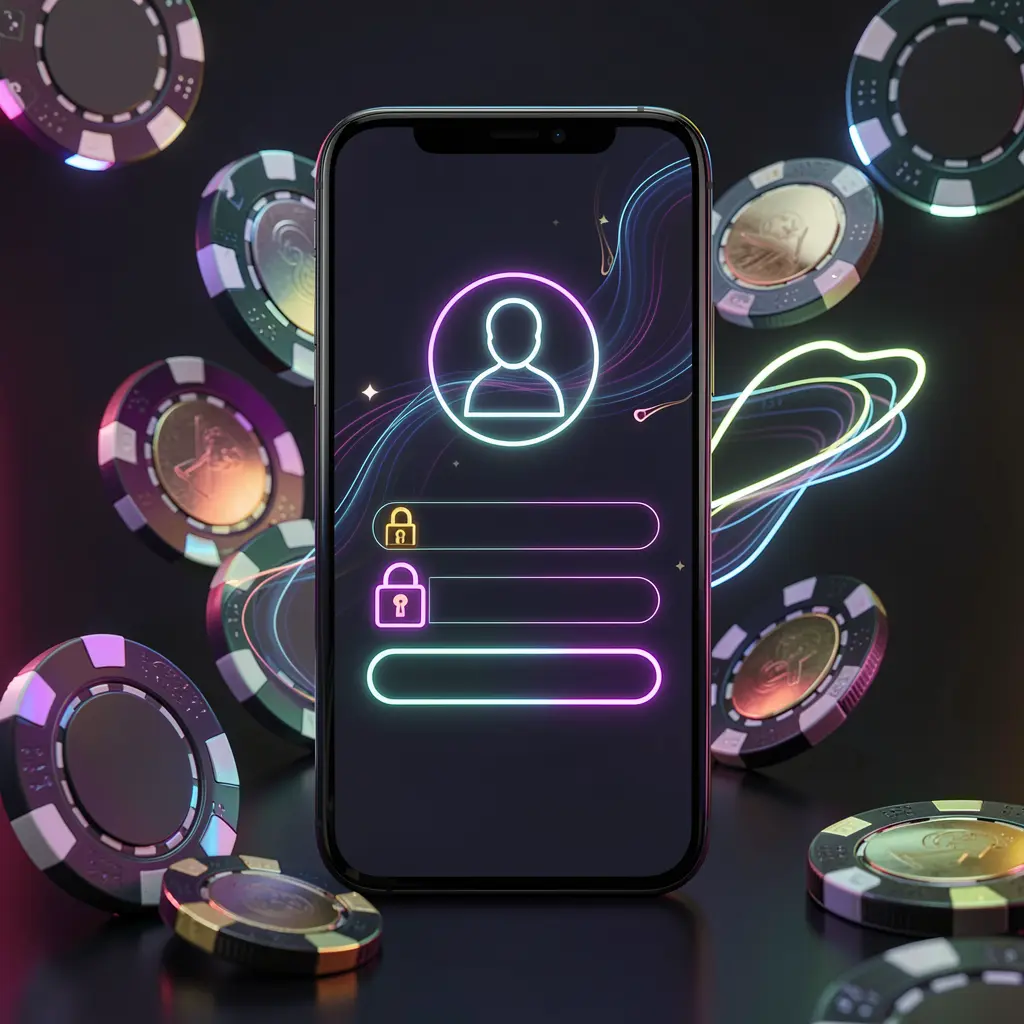 VEGASPH mobile gaming login page concept featuring a smartphone with an abstract login interface, user and lock icons, surrounded by casino chips and coins under luxury neon lighting