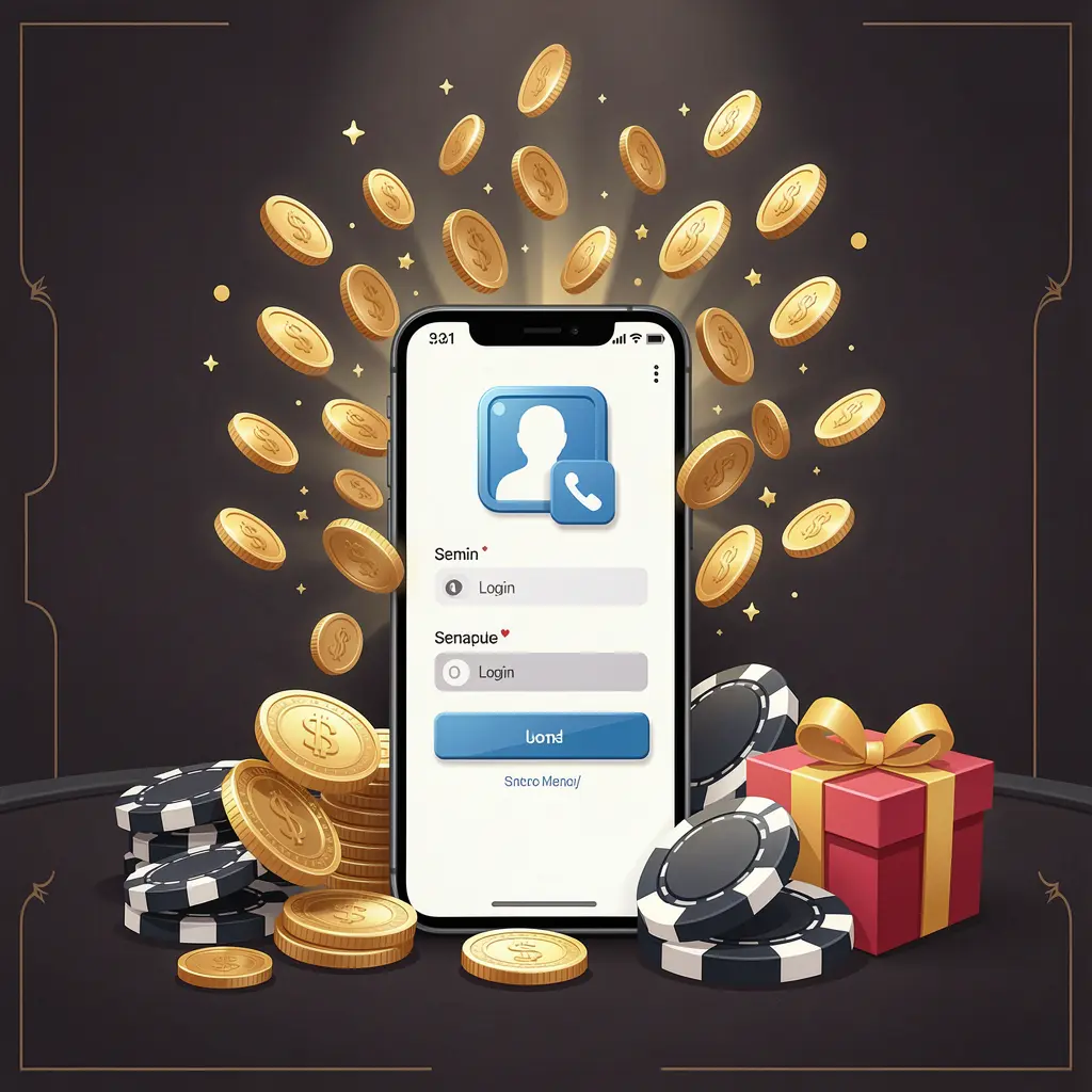VEGASPH casino user login illustration showing a phone with a secure access icon, golden coins bursting from the screen, poker chips, and a gift box on a dark premium background