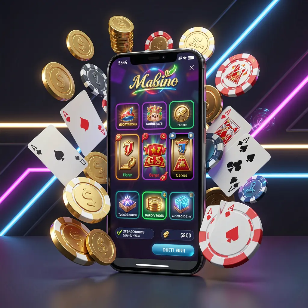 VEGASPH mobile casino homepage concept showing a smartphone surrounded by golden coins, chips, cards, and glowing icons on a modern dark background with neon accents